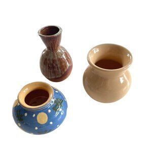Set Of 3 Miniature Vases in Blue Beige & Brown with Unique Glazed Finishes